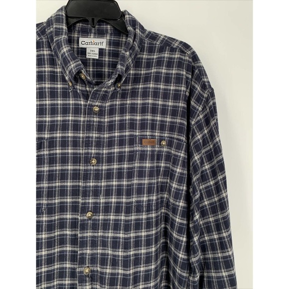 Carhartt Flannel Shirt Mens XXL 2X Blue Plaid‎ Button Up Outdoor Workwear - Picture 1 of 6